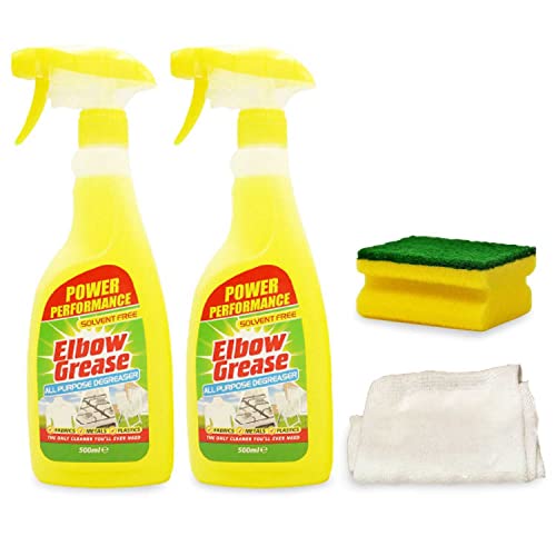 De-greaser Spray - Includes 2 x Elbow Grease All Purpose Kitchen Laundry Household De-greaser Cleaner Spray with Micro-fibre Cloth and Sponge, Removes grease, oil from fabrics, metal and plastic