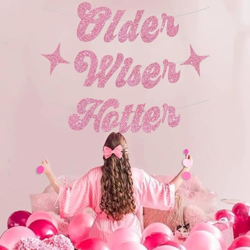 Image of BEISHIDA Glitter Pink Older Wiser Hotter Banner with Star, Funny Birthday Banner 30th 40th 50th 60th 70th 80th Party Decorations Sign Gift