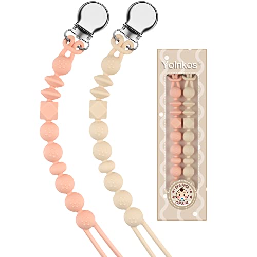Image of Yolnkos Pacifier Clip Paci Holder Baby Girls Boys One-Piece Binky Clips with Texture Soft Flexible Birthday Christmas Shower Gift 2 Pack (Oatmeal, Peach)