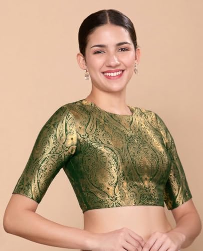 Image of Studio Shringaar Women Brocade Silky Jewel Neck Readymade Elbow Length Sleeve Saree Blouse