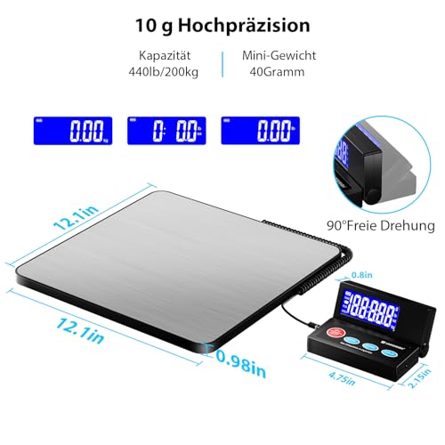 UNIWEIGH Versand-Postwaage, 440lb/10g Genauigkeit kommerzielle Gewichtswaage mit langlebigen Edelstahl große Plattform, Heavy Duty Postwaage für Paket,Gepäck,Post,Lagerhaus,kleine Unternehmen,Haus