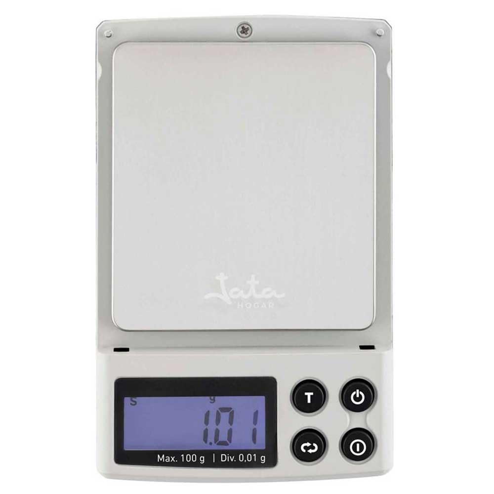 JATA HOGAR HBAL1774 Balance de précision avec écran LCD jusqu'à 100 g Surface en acier inoxydable 6,5 x 7 cm avec couvercle et étui de protection Fonction d'étalonnage
