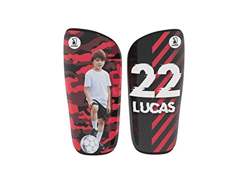 Younext Espinilleras de fútbol con tu Foto, Nombre y número (Personalizadas) Camuflaje Rojo más sujeta espinilleras Cover