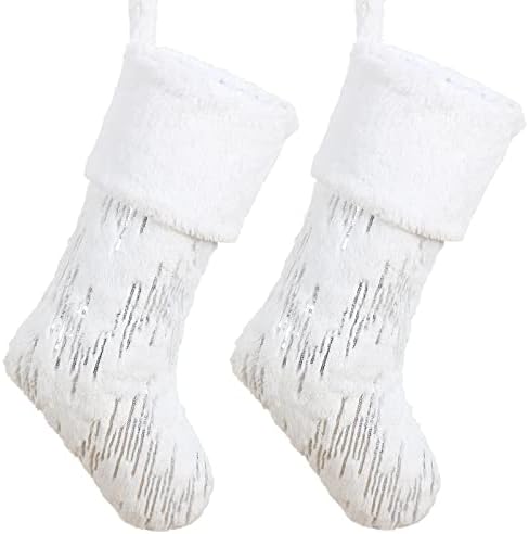YOSICHY 18” Christmas Stockings White Plush Faux Fur with Glitter Silver Sequins Snowy Xmas Hanging Stocking for Holiday Party Décor Pack of 2