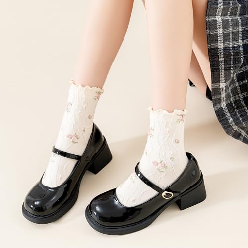Image of Womens Ruffle Crew Socks Vintage Patterned Ankle Casual Fashion Dress Sock Cute Lettuce Floral Socks 5 /6 Pack