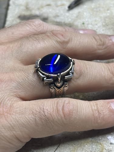Men Blue Stone Ring, Oval Sapphire Stone Ring, Turkish Handmade Ring, Ottoman Engraved Style Ring, 925k Sterling Silver Ring - Thumbnail 7