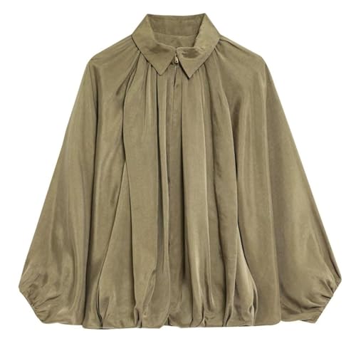 WOWULOVELY Women's Puffed Bomber Jacket Oversized Lapel Collar Streetwear Coat Long Casual Batwing Sleeve Zip Pleated Shirts