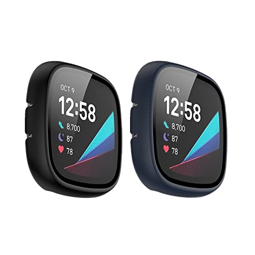 LICHIFIT Fitbit Versa 3/Sense用保護ケース カバー PCフレーム 強化ガラスフィルム 一体化 スマートウォッチカバー 脱着簡単 耐衝撃 傷防止軽量 おしゃれ アクセサリー (ブラック+ミッドナイトブルー)