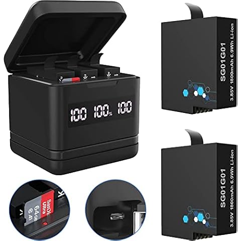 2 Pack 1800mAh Batteries for GoPro Hero 8/ 7 /6, 3-Channel USB and USB-C Fast Battery Charger Station with Battery Digital LCD Display and Micro SD Card Reader Function Cover