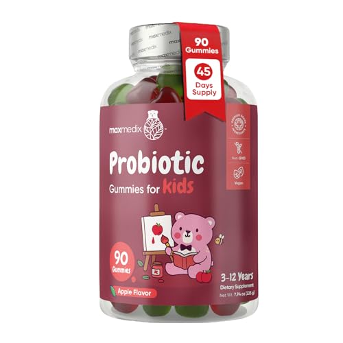 maxmedix Kids Probiotics Gummies | Prebiotic + Probiotics for Kids - 1 Billion CFU & Inulin (45-Day Supply) | 90 Children Synbiotic Gummies | Natural Apple Flavor | Vegan, Non-GMO