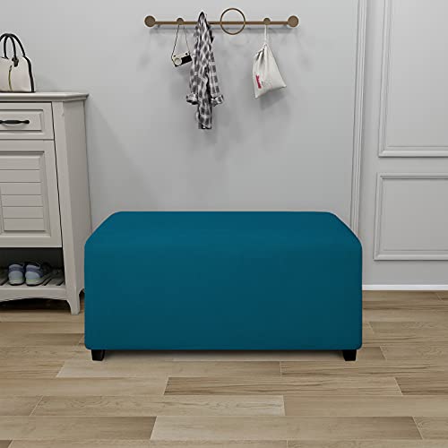 Image of PureFit Stretch Rectangle Ottoman Cover Footstool Cover, Peacock Blue | Fleece Soft Form Fit Ottoman Slipcovers Rectangle Slipcover for Folding Storage with Nonslip Elastic Bottom