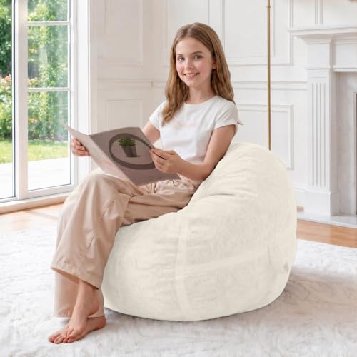 Image of 2FT Bean Bag Chair 2'Bean Bag Chairs with Memory Foam Filled Small Bean Bag | Bean bags with Machine Washable Cover Luxurious Velvet Fabric, Comfy Chairs for Living Room, Bedroom, Dorm, Beige