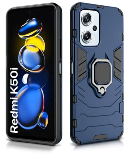 Image of WOW IMAGINE Shock Proof Back Case Mobile Cover for Redmi K50i 5G | Back Cover Case (Tough Armor | Hybrid PC + TPU | Ring Holder & in-Built Kickstand | Blue)