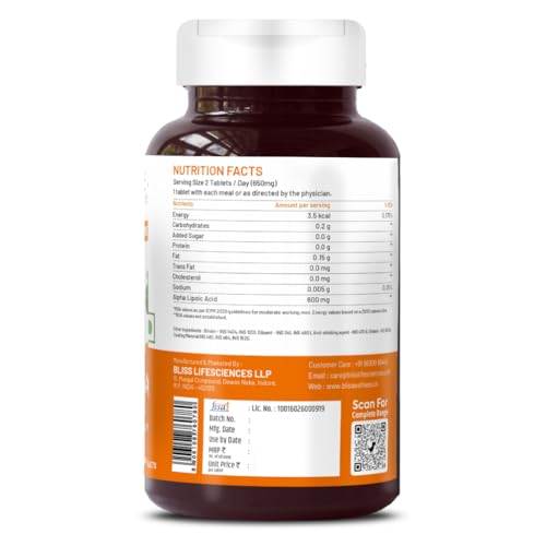 Image of Bliss Welness Alpha Lipoic Acid | Natural & Pure R Type ALA | Universal Antioxidant Liver Health Energy Booster Blood Sugar Management Supplement (Pack of 2 (120 Tablets))