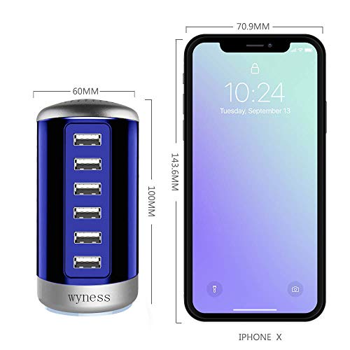 6 Ports Desktop Charging Station USB Hub Wall Charger with QC 2.1,Compatible for Smart Phones, Tablets, and Other Electronics (Blue)