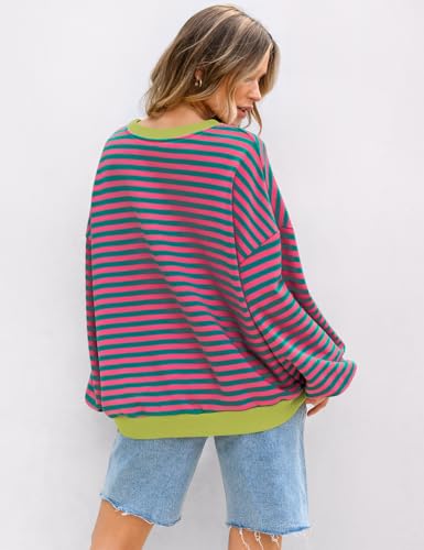 Image of UEU Women Oversized Striped Crewneck Sweatshirt Long Sleeve Color Block Pullover Tops Casual Loose Workout Shirt