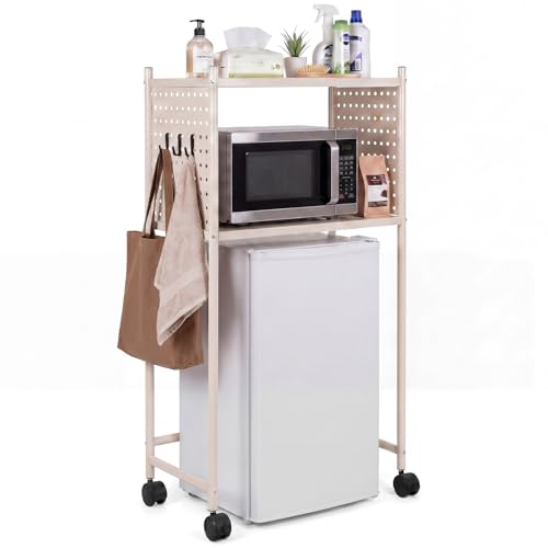 Mifoci Mini Fridge Stand with Storage Shelf, 2 Tier Dorm Fridge Shelf with Pegboard and Wheels, White over Mini Microwave Stand Organizer for Dorm Room Apartment Kitchen Office
