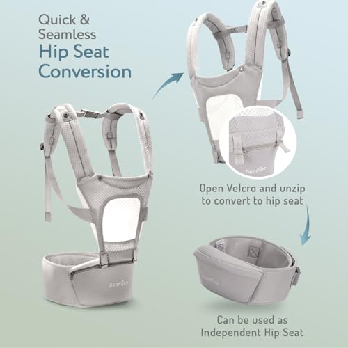 Image of Bonfino Admire 5-in-1 Hipseat Baby Carrier|Ergonomic Baby Carry Bag, Adjustable Strap & Breathable Fabric|Baby Carrier with Stylish Belt| Baby Holder for 5-18 Month Babies,15 Kg Capacity - Grey