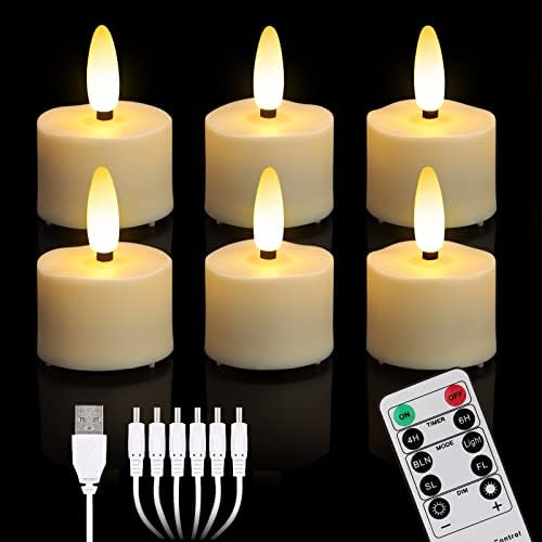 Sanmli 6 Pack Remote Control Led Tea Lights USB Rechargeable Tealight Battery Operated & Timer Warm White 3D Wick Flameless Candle for Halloween Christmas Outdoor/Table/Party Decoration (Rechargeable)