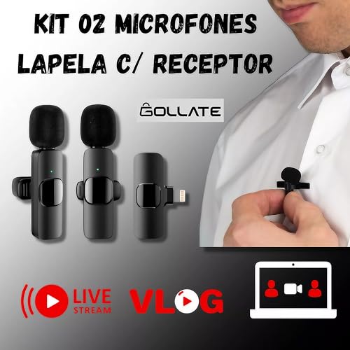 Microfone Lapela Sem Fio Duplo para Celular iPhone ou Android com Conexão Lightining ou USB Tipo C -