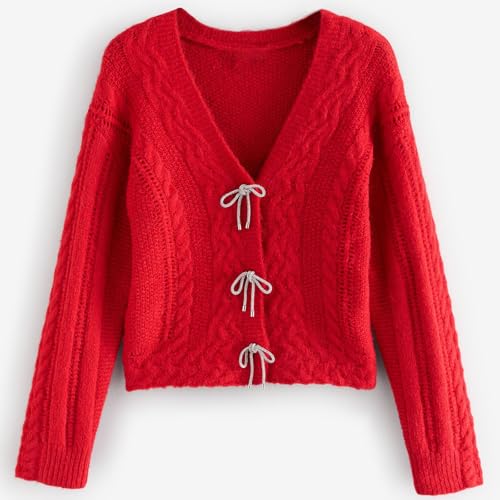Image of Women Y2K Solid Color Knit Cardigan Long Sleeve V Neck Bow Button Open Front Sweater Top Vintage Going Out Knitwear