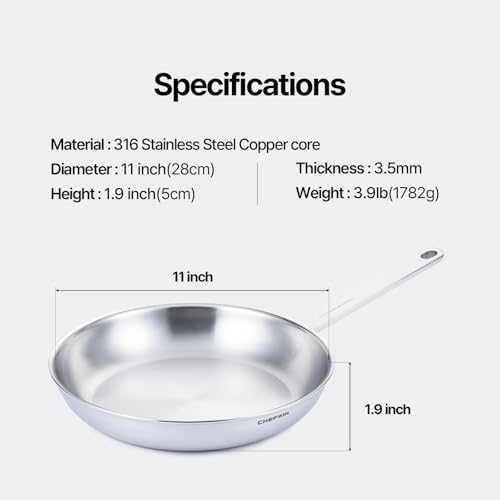 Image of 11 Inch Skillet Frying Pan 316 Stainless Steel Copper core 5-Ply Induction compatible Dishwasher & Oven Safe