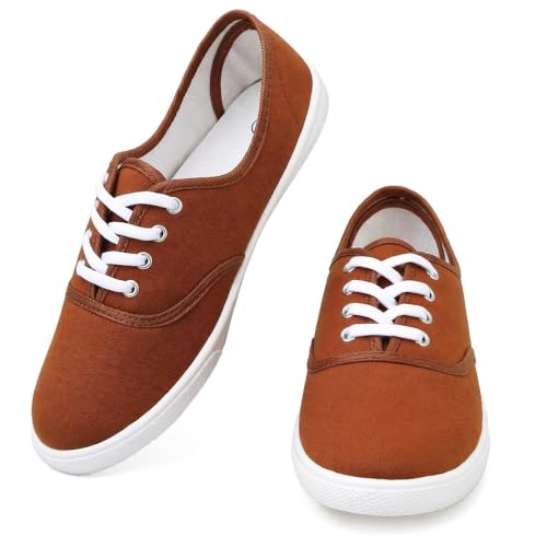 Womens Canvas Sneakers Lightweight Lace Up Canvas Shoes Low Top Comfort Fashion Casual Walking Shoes Women Footwear Brown Size 10