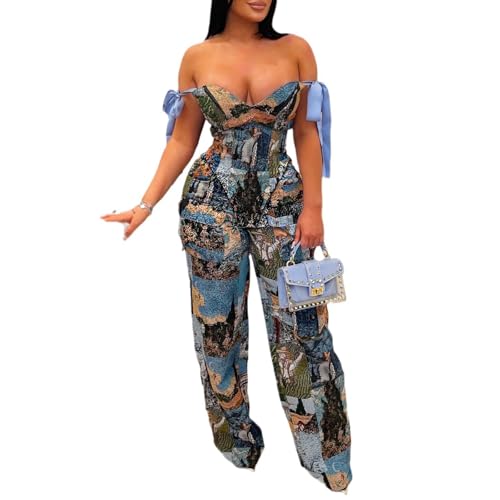 Molilove Sexy 2 Piece Sets for Women Pattern Print Sleeveless Crop Top and Wide Leg Pants with Pockets Soft Stretchy Outfits