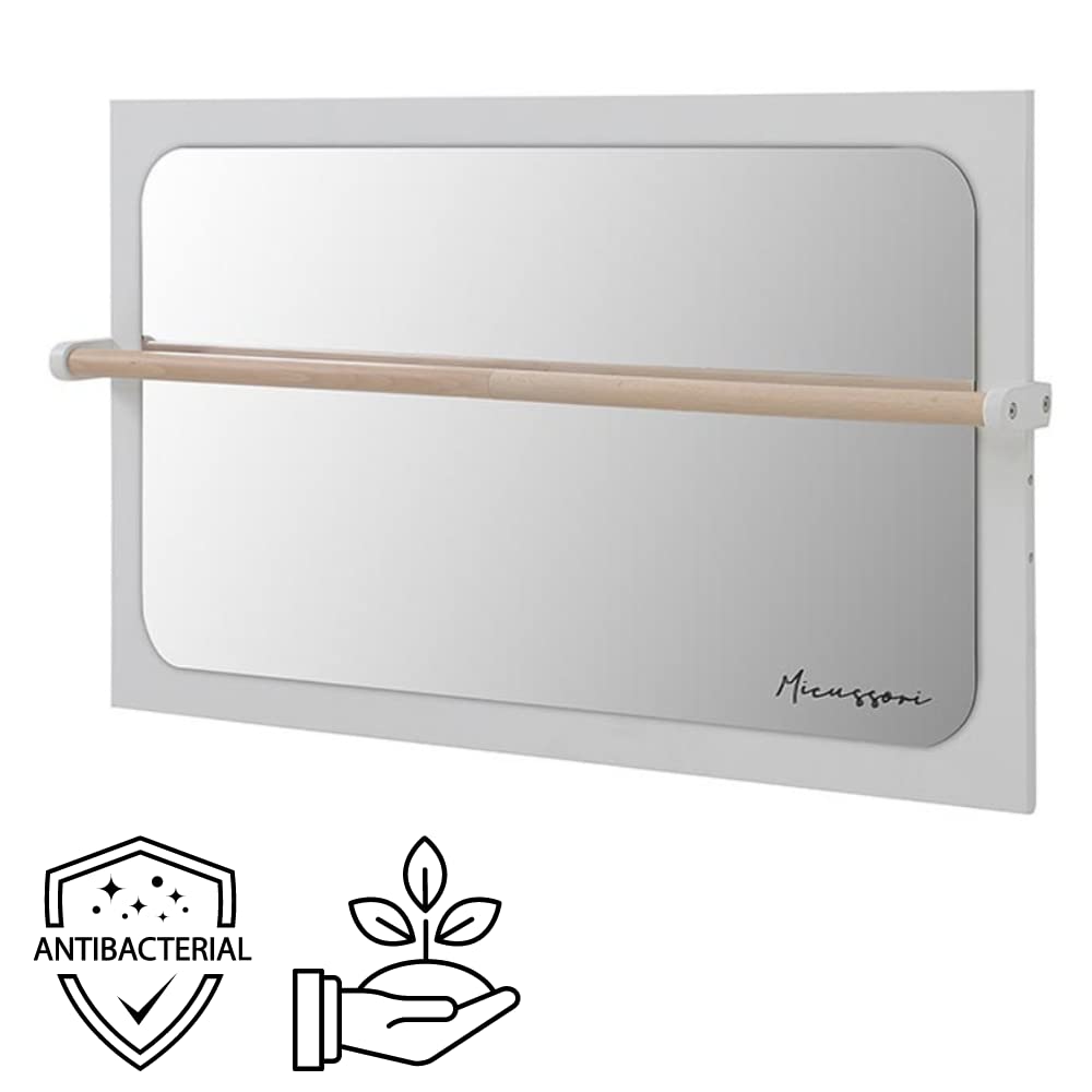 Miroir avec barre Montessori incassable 110 x 65 | Miroir jeux d'éveil et de motricité enfant, dès 6 mois, 1 an | bois naturel antibactérien | Jeux éducatifs d'éveils bébés | murale ou sur pied (Bois)