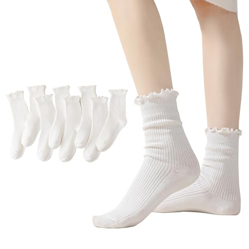 Image of DAUCO 8 Pack Ruffle Socks - Frilly, Cute Slouchy Cotton Socks for Women, Size 5-9