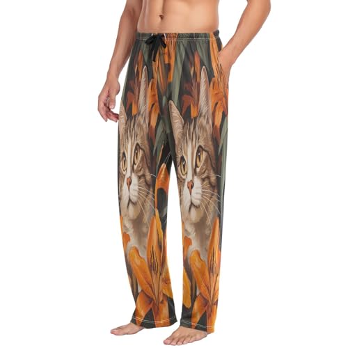 ALAZA Men's Cat in Orange Lily Bushes Sleep Pajama Pant4