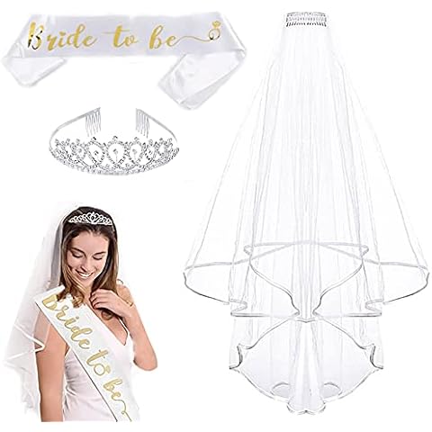 Hen Party Bride to Be Set Include Bride to Be Sash,Bridal Veil with Comb,Rhinestone Tiara for Bride Shower,Wedding,Bachelorette Party and Hen Party Decoration Accessories Cover