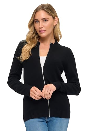 Image of Women's 100% Cashmere Soft Long Sleeve Crew Neck Open Zip Cardigan
