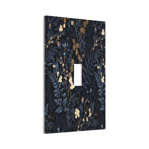 Decorative Switch Plate Covers Rustic Navy Dark Blue Leaves Golden Floral 1 Gang Light Switch Cover Plate Single Toggle Wall Plate Outlet Covers Wall Plate Faceplate for Bedroom Decor