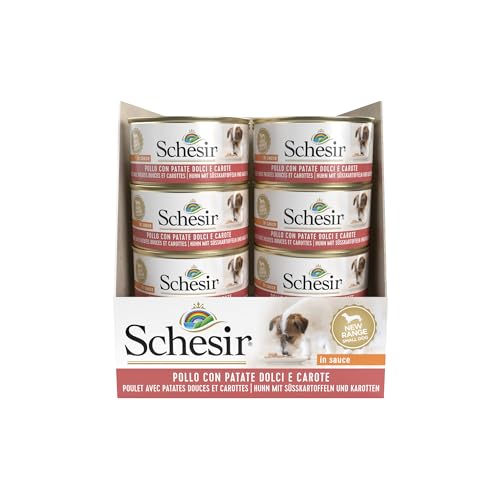 Schesir, Nassfutter für Erwachsene Hunde mit Huhn, Kartoffeln und Karotten, in weichem Gelee (24 Dosen à 85 g)