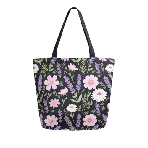 Extra Large Shoulder Tote Bag for Beach Travel Weekender Gym Lavender Pink Flower Pattern Reusable Grocery Canvas Shopping Bag