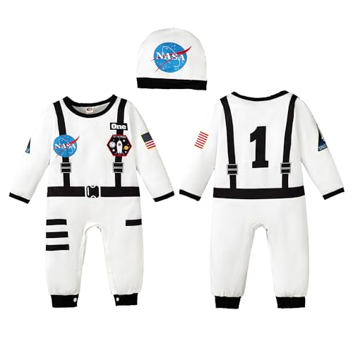 Happidoo Baby Boy 1st Birthday Outfit One Year Old Birthday Clothes Boy Astronaut Romper (White-Long 12-18 Months)