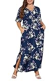 Picture of Keluummi Plus Size Wedding Guest Maxi Dresses for Curvy Women, Summer Formal Floral V Neck 3/4 Sleeve A Line Long Party Dress(18 Plus, Navy Blue Leaf)