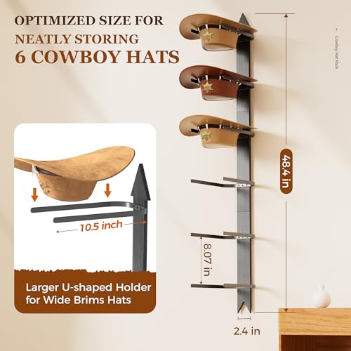 Cowboy Hat Rack for Wall, Cowboy Hat Holder Wall Mount Holds up to 6 Hats, Wooden Western Rustic Metal Hat-Organizer with Arrow Sign Board, Display and Decor Rack for Fedora, Sun Hats,Baseball Caps - image 3