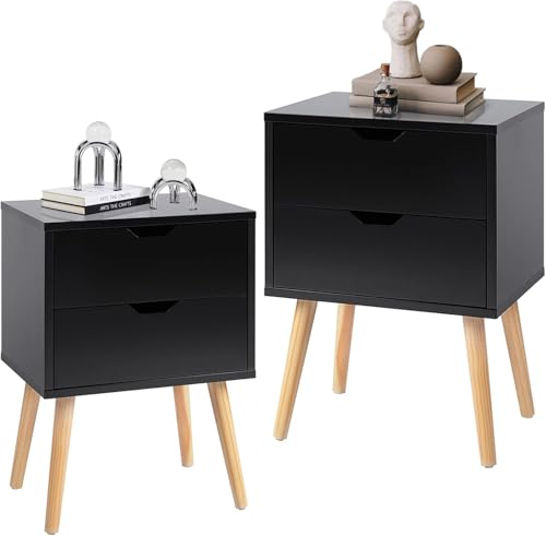 Image of VASIL MART Bedside Tables, Wooden Nightstands with Solid Wood Legs & 2 Drawers, End Tables Storage Units for Living Room /Bedroom,etc .(Black)