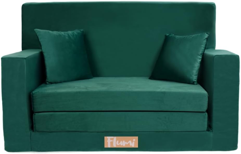 Flumi Personalised Children's Sofa with Sleep Function Engraving Children's Name Sofa for Children's Room Sleeping Chair with Bed Function Furniture Microfibre 92x60x40 cm(Bottle Green)