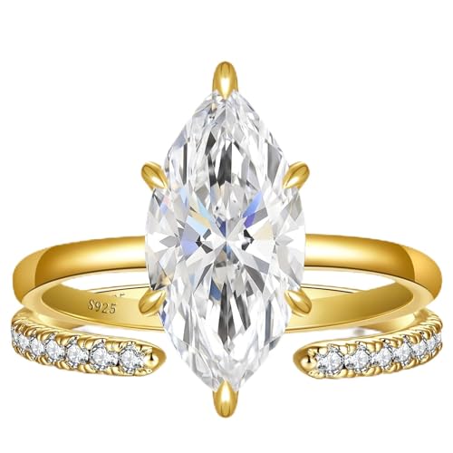 AVECON 4CT Moissanite Marquise Engagement Ring Set for Women D Color VVS1 Clarity S925 Sterling Silver Promise Wedding Band 14K Gold Plated Adjustable Bridal Gift with Certificate & Box Size 7