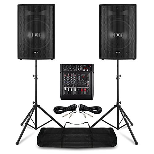 Vonyx 15 PA System Package – 2x Passive Speakers, 5-Channel Mixer Amp with Bluetooth, 2 Speaker Stands, Cables – Complete PA Set for Bands, Singers, Events, Church Audio, Mobile DJ, Live Sound