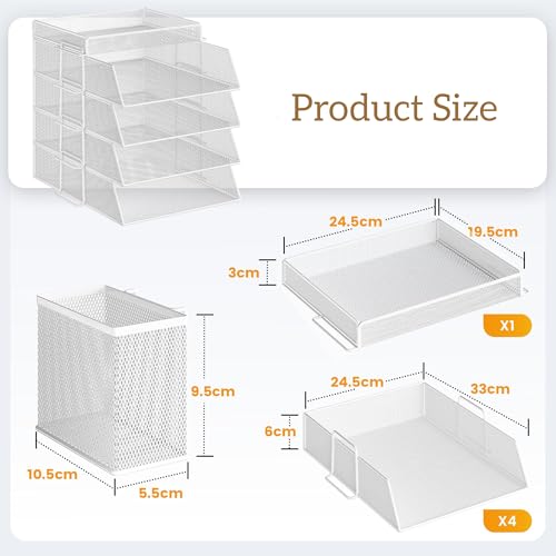 Bandeja apilable de 4 Niveles para Oficina, Organizador de Papeles para Escritorio, bandejas para Archivos, Accesorios para Escritorio de Oficina con Soporte para bolígrafos - Blanc - imagen 4