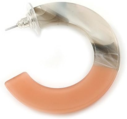 40mm Trendy Marble Grey/Light Coral Acrylic/Plastic/Resin Half Hoop, Geometric Earrings with Silver Tone Closure - Image 5