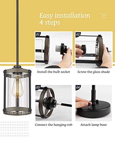 Osimir Industrial Pendant Lighting, Mini Glass Pendant Lights for Kitchen Island in Wood and Black Finish, Adjustable Length, OS-3010 1 - Image 5