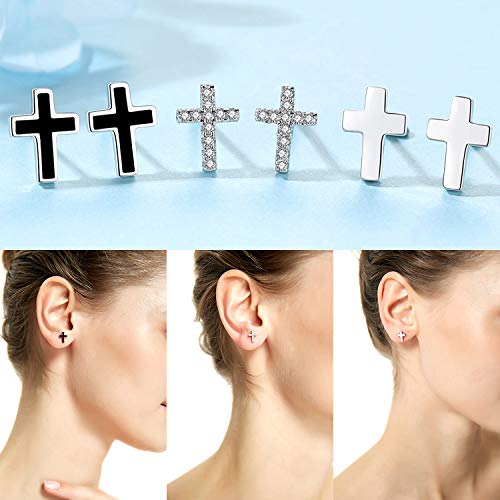 REVEMCN 925 Sterling Silver and Stainless Steel Cross Stud Earrings for Women Men, 3 Pairs2