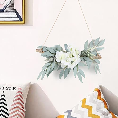 Artificial Hydrangea Swag,Wall Hanging Decor With White Hydrangea Flowers And Willow Leaves Decorative Log Branch Hanging Hoop For Bedroom Living Room Bathroom Wall Decor #TOP5