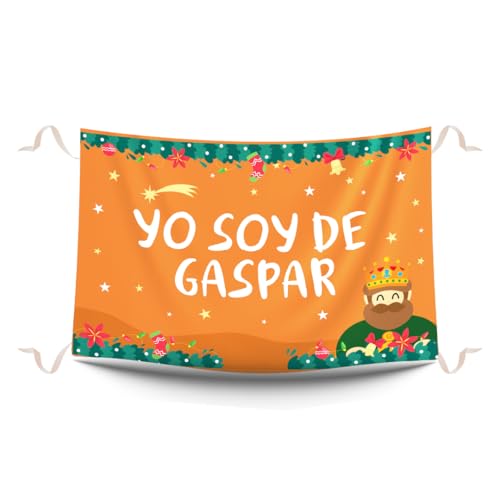 Balconeras de Navidad Yo soy de Gaspar. Decoración navideña y colgaduras divertidas de Navidad. Reposteros navideños para decorar balcones impresos en tela mate. Medidas 100 x 70 cm.