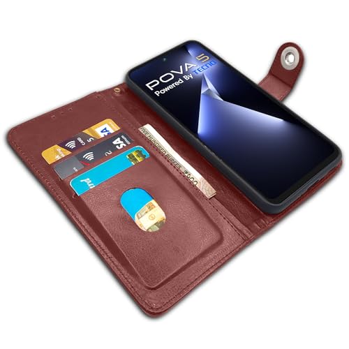 Image of Pikkme Tecno Pova 5 / Tecno Pova 5 Pro 5G Flip Cover Leather Finish | Inside TPU with Card Pockets | Wallet Stand and Shock Proof | Complete Protection Button Flip Case (Brown)